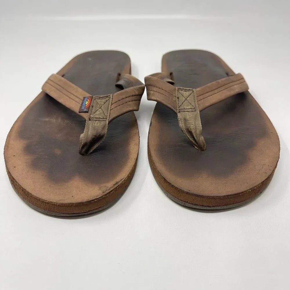 Rainbow Brown Leather Sandals Flip Flops Men’s Size XL 11-12 Preowned